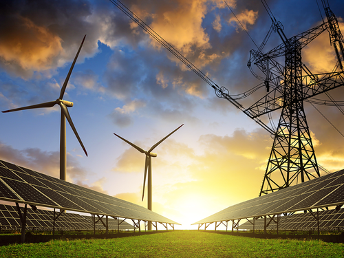 Wind turbines, solar panels, energy lines